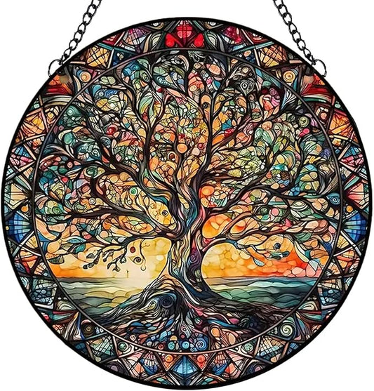 Tree of Life Suncatcher Indoor/Outdoor Stained Glass Window Hanging - Handmade Stained Glass Suncatchers for Windows Hanging - Decoration for Home Garden Christmas Party Wedding Housewarming Gifts