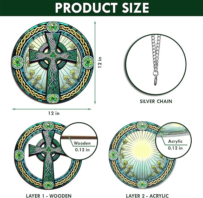 St Patricks Day Decorations - Irish Gifts for Men Women Friends Family, St Patricks Day Accessories, Celtic Cross Home Decor - Double Layered Hanging Suncatcher 12 in