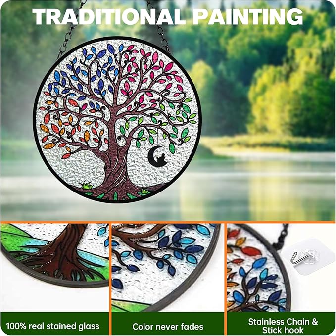 Artificial Trees of Life Suncatchers for Home Decorative Hanging Ornaments with Stick Hook for Window Hanging Hand-Painted Fake Plants Tree&Cat Memorial Gifts for Women 6.3'' * 6.3''