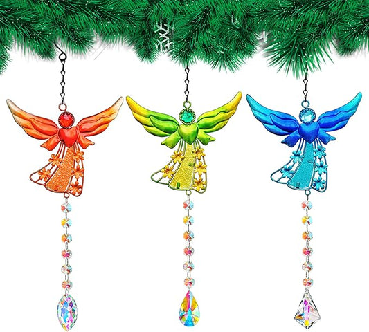 Set of 3 Guardian Angel Suncatchers, Crystal Angel Sun Catcher for Windows Hanging, Stained Glass Angel Ornament for Outdoor Christmas Decor