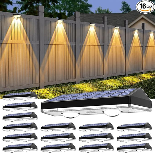 Solar Fence Lights ,Warm White & Cold White & Mixed Color 3 Modes Bright Lens LED Dusk to Dawn Deck Light, Fence Solar Lights Outdoor Waterproof,Solar Outdoor Lights for Backyard/Railing/Wall (16Pack)