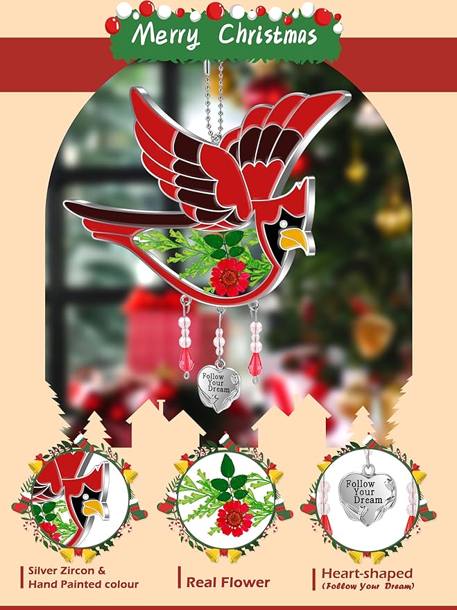 KY&BOSAM Follow Your Dream Cardinal Suncatcher Glass Panels Suncatchers Pressed Real Flower Wings in Glass Suncatchers Birthday Mother`s Day Ornament for Windows with Heart Charm