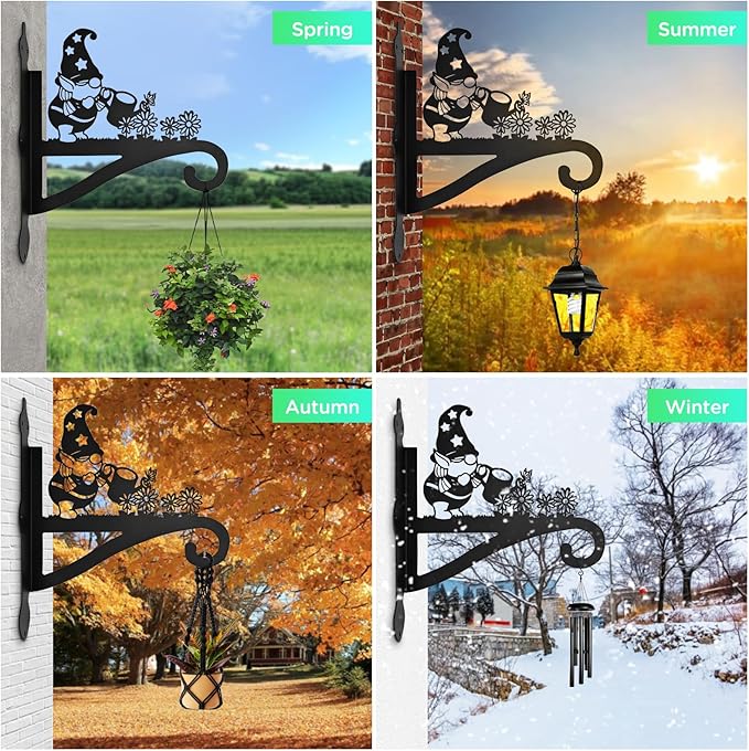 Christmas Plant Hangers Outdoor Iron Heavy Duty Ornamental Gnome Silhouette Wall Mounted Hanging Plant Bracket for Flower Pot Lantern Bird Feeder Wind Chimes Christmas Decoration