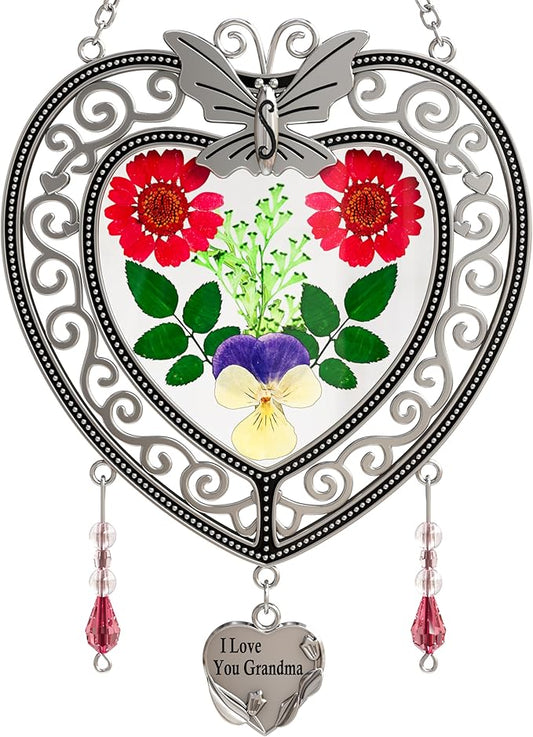 KY&BOSAM Tree of Life Heart Suncatcher I Love You Grandma Butterfly Hangings for Windows Suncatcher with Pressed Real Flower Heart and Charm Birthday Gifts for Women Mothers Day Christmas Ornament