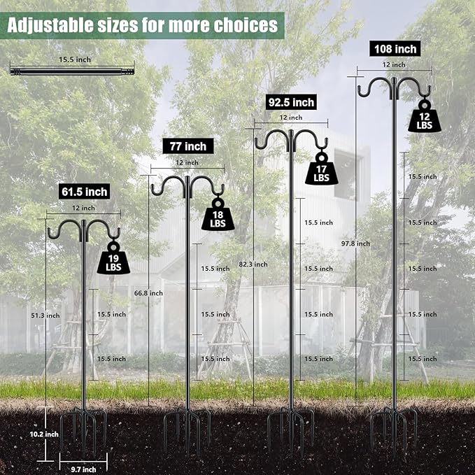 Gtongoko Double Shepherds Hook for Outdoor, 2 Pack 108 Inch Heavy Duty Bird Feeder Pole 3/4 Inch Thick Garden Hooks for Hanging Hummingbird Feeder, Plant Baskets, Solar Light Lanterns