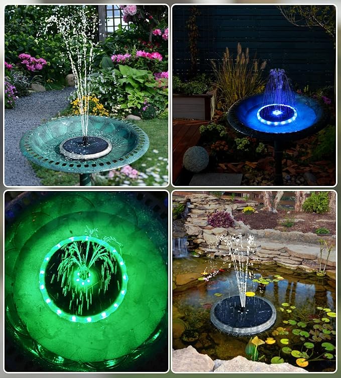 Solar Fountain Matte Panel with 4000 mAH Battery, 4W Bird Bath Fountains Solar Power with 8 Nozzles, Floating Solar Fountain Pump for Bird Bath, Garden, Pond, Outdoor (Color Change)