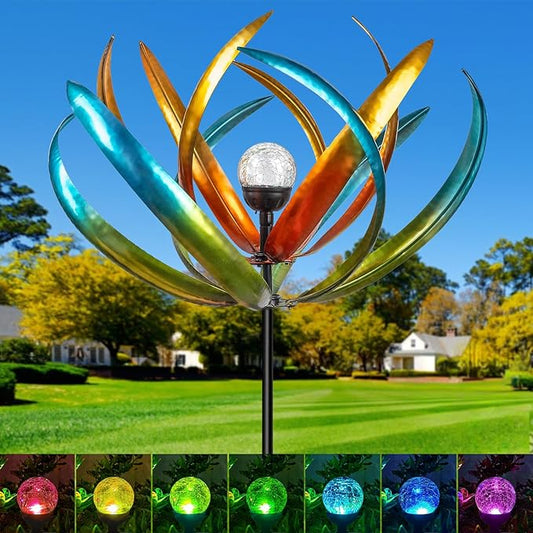 Large Solar Wind Spinners for Yard and Garden-82.6 Inch 360° Metal Wind Sculptures Outdoor Clearance Kinetic Windmills with Multi Color Led Glass Ball