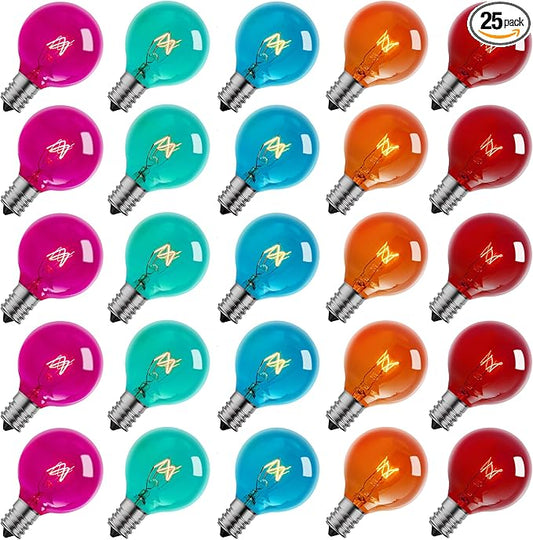 Brightown 25 Pack G40 Colorful Incandescent Bulb, Vintage Globe Replacement Light Bulb for Christmas Lights, 5 Watt E12 C7 Candelabra Base for Patio Yard Garden Holiday Xmas Decoration