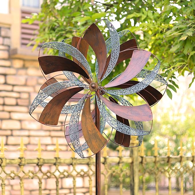Garden Wind Spinner,Flower Wind Spinner,Outdoor Metal Wind Sculpture & Spinner Large 23 inch Dia 84 inch Height Kinetic Windmill for Garden Yard