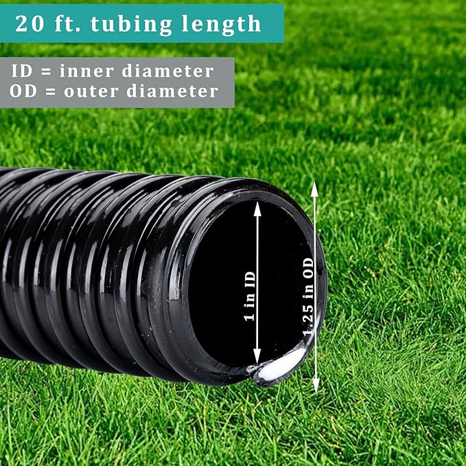 Pond Tubing ID 1” × 20ft Black Corrugated Flexible Reinforced Waterfall Pond Tube Sump Pump Hose, Non-toxic & Kinkproof (20 ft, 1" ID)