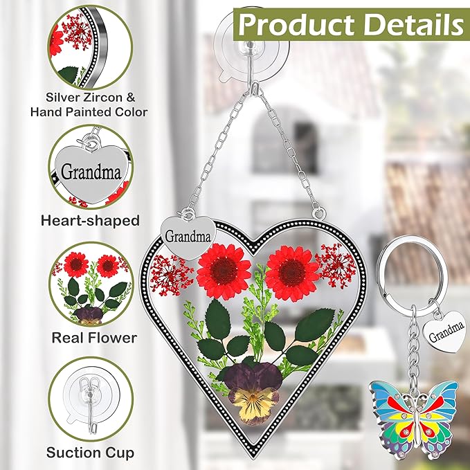 KY&BOSAM Heart Suncatcher Grandma Gifts Glass Butterfly Suncatchers for Window Pressed Flower Between Heart in Glass Metal Engraved Charm Gift for Women Mother's Day Valentine's Birthday Christmas