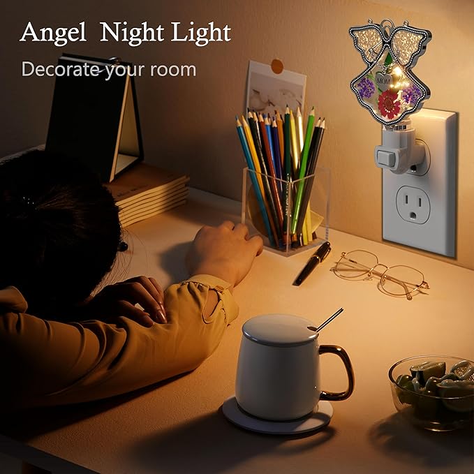 KY&BOSAM Night Light Mom Stained Glass Angel Night Lights Plug Into Wall with Real Flower in Glass and Metal Charm Night Light for Nursery Bedroom Bathroom Decorative Accent Lite Elegant Home Decor