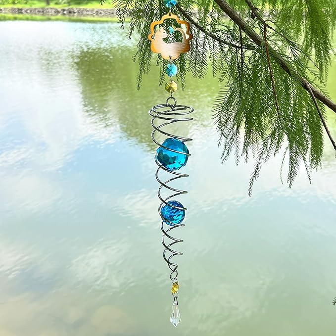 FONMY Cat Gazing Ball Spiral Tail Wind Spinner Sun Catcher Rainbow Maker Silver Spiral W/Blue K9 Crystal Ball Tree Hanging Ornament Indoor Outdoor Garden Decor. 19.5inch H