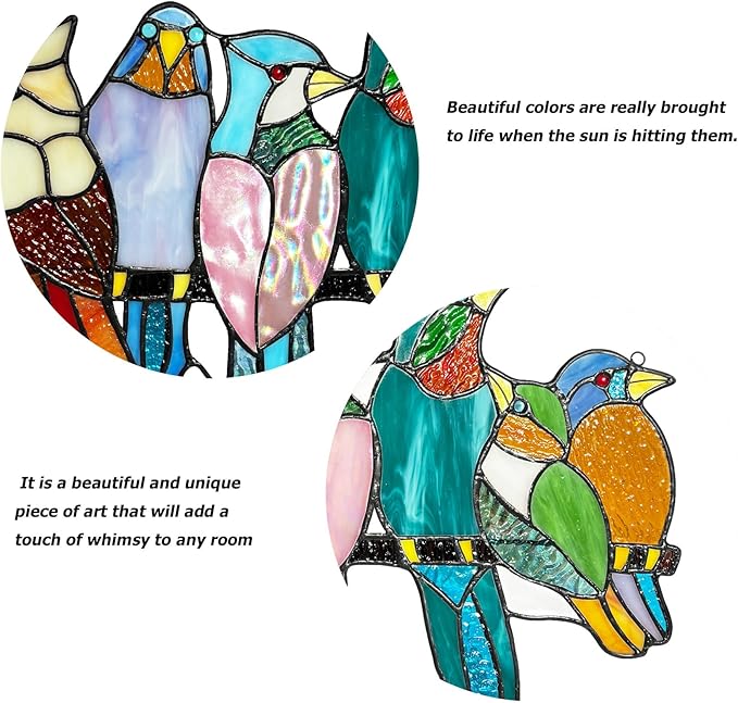 Stained Glass Birds Window Hangings, 9 Multicolor Stained Glass Birds on Branch Suncatcher, Handmade Tiffany Style Glass Birds Lovers Gifts Decor for Mother, Women
