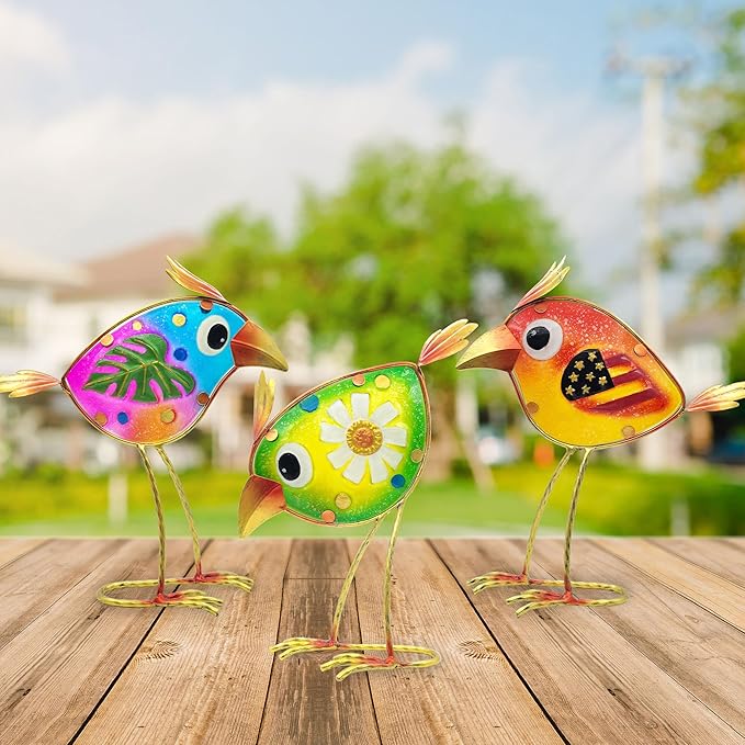 Birds Garden Decor for Outside: Metal & Glass Bird Yard Art, Craft Statue Lawn Ornaments for Outdoor, Housewarming Birthday Gifts for Women (3 PCS)