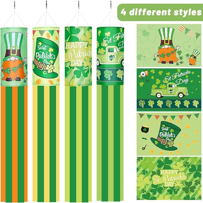 4 Pieces St. Patrick's Day Windsock Shamrock Windsock Flag Irish Green Truck Pattern Design Windsock Outdoor Hanging Decoration for St. Patrick's Day Backyard Garden Balcony Decor, 35 Inch