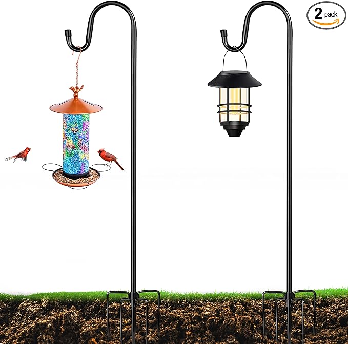 XDW-GIFTS Bird Feeder Pole for Outdoor, 2-Pack 60 Inch Shepherds Hooks Heavy Duty Garden Pole for Hanging Plant Basket, Solar Light Lanterns, Garden Plant Hanger Stands with 5 Base Prongs