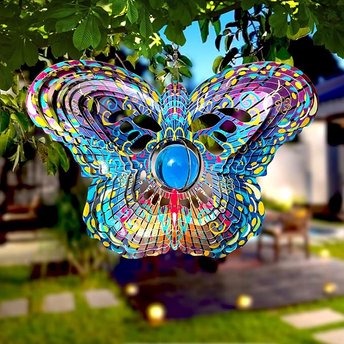 FONMY Mandala Wind Spinner w/Crystal Ball-Butterfly 3D Stainless Steel Hanging Spinners Worth Gift Christmas Decoration Indoor/Outdoor Garden Décor Kinetic Yard Art 12 Inches Wind Sculpture