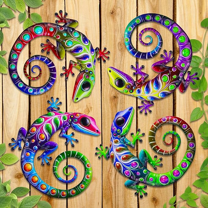 ULENDIS 4 Pack Metal Gecko Wall Decor, 7.8 Inch Lizard Outdoor Wall Art Fence Decorations for Patio and Yard, Colorful Hanging Decoration for Garden Living Room Bedroom Patio Balcony