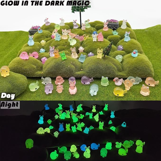 Mini Resin Animals Figures to Hide 100Packs Luminous Tiny ducks Dinosaurs Miniature Figurines Glow in The Dark for Fairy Garden Dollhouse Micro Landscape Aquarium Potted Party Favor Decor (100)