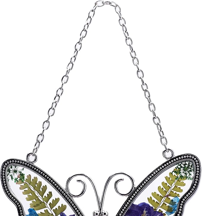 Laraine Butterfly Suncatcher with Pressed Flower Wings Mom Mother's Day Butterfly Glass Wind Chime Ornament Charm with Metal Heart Gifts for Mom Grandma Birthday ((Purple Sister (with Free Hook))