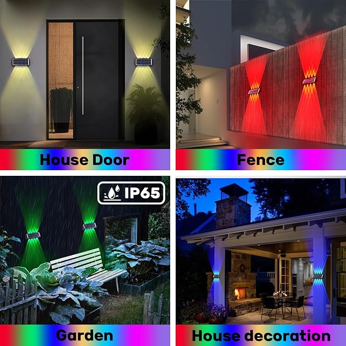 8LED Multi-Color Solar Wall Lights, Up and Down Lighting Solar Outdoor Light Waterproof IP65, Solar Fence Light for Yard Deck Garden Garage Walkway Porch Christmas Decorations (4 Pack)