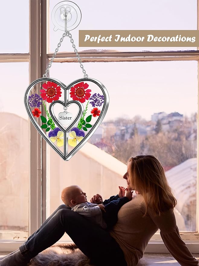KY&BOSAM Heart Suncatcher Sister Stained Glass Panels Hangings for Windows Sun Catchers with Pressed Real Flower Heart in Glass Birthday Gifts for Women Mothers Day Home Garden Christmas Ornament