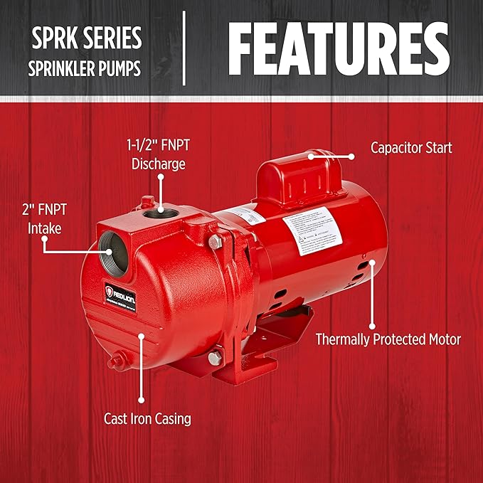 Red Lion RL-SPRK-150-BR 115/230 Volt, 1.5 HP, 71 GPM Cast Iron Sprinkler/Irrigation Pump with Brass Impeller, Red, 97101502