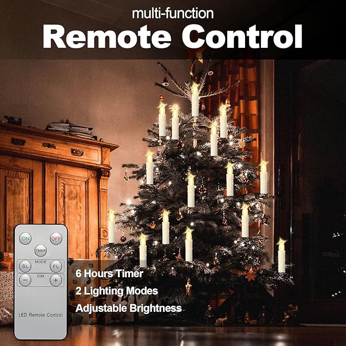 LED Christmas Candles, Flickering Clip on Candles for Christmas Tree, Battery Operated with Remote Timer, Warm White Light, Flameless Taper Candles for Home Christmas Decor, Set of 20