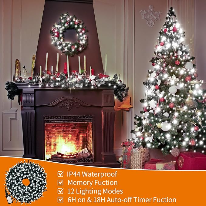 500 LEDs 172ft Green Cable Wire Christmas Light Fairy String Tree Twinkle Lights Plug in 12 Modes for Christmas Party, Outdoor, Garden, Wedding, Home Decoration (White)