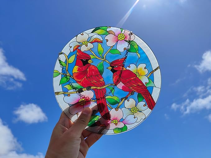 AUFURI Large Size Cardinal Suncatcher - 8.6 inch Stained Glass Window Hanging - Pairs of Red Cardinal Birds - Cardinal Gifts for Women, Hand Painted Glass Cardinal for Birds Lover, Window (8.6inch)