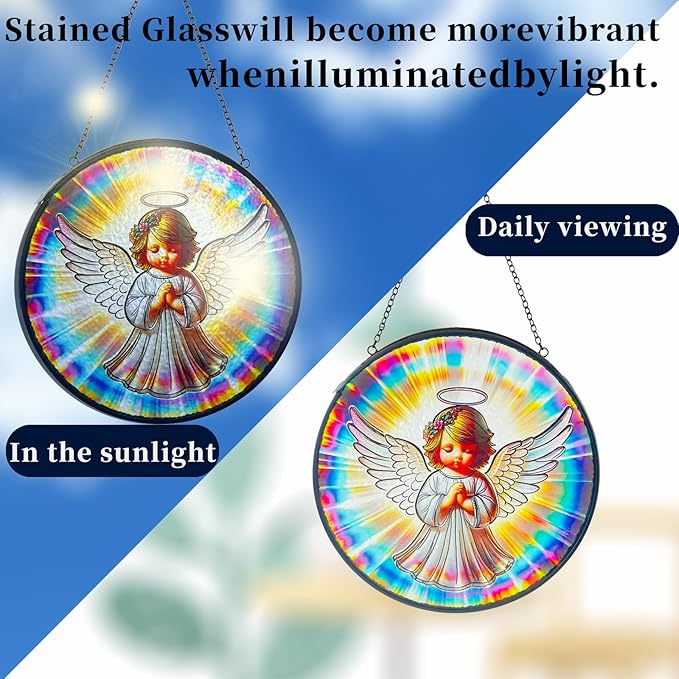 Praying Angel Decor Handmade Stained Glass Suncatcher - Rainbow Maker Stained Glass Suncatchers W/Metal Chain - Spiritual Angelic Gift for Women Christmas Thanksgiving Housewarming Gifts