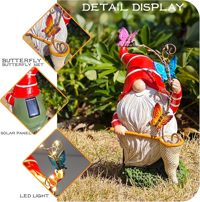 Solar Powered Gnome Garden Statue with Iron Butterflies - LED Lighted Garden Decorations, Resin Gnome with Butterfly Net, Gifts for Women and Men，Outdoor Decor Ornaments for Outside