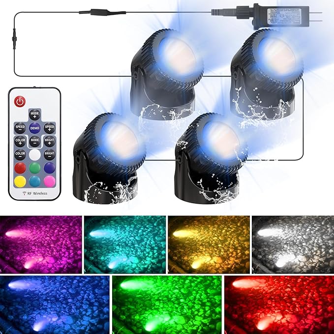 RGB Underwater Pond Lights, 20 Colors Dimmable Fountain Lights with Timer, IP68 Waterproof Underwater Submersible Led Lights with Remote Control for Outdoor Ponds Aquarium Garden Pool (Set of 4)