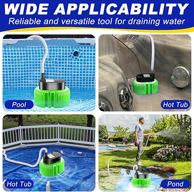 Pool Cover Pump above Ground-Submersible Sump Pump Swimming Water Removal Pumps, Sump Pump for Pool Draining with 16ft Drainage Hose & 25 ft Extra Long Power Cord,850 GPH,3 Adapters-Green