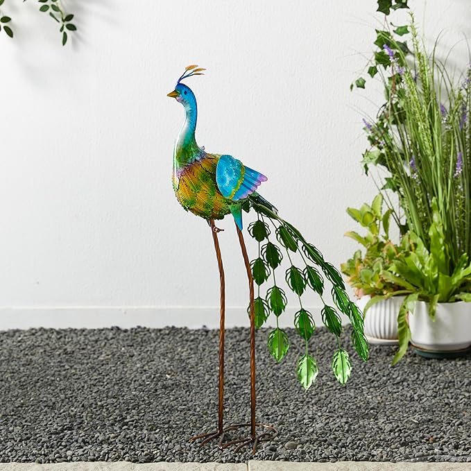 Glitzhome Metal Standing Peacock Garden Statue with Stakes Outdoor Decoration, 32" H