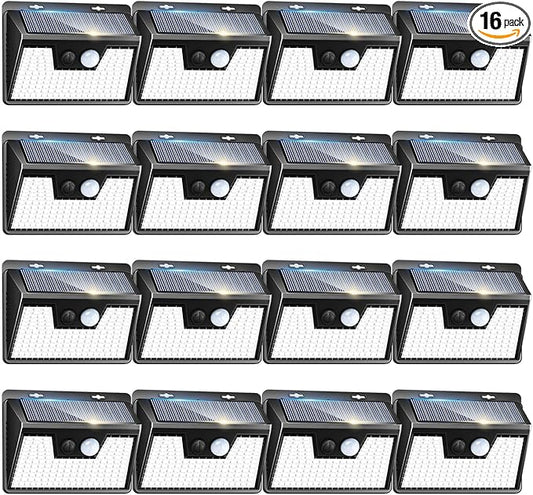 Peasur Solar Powered Lights Outdoor, 140LED 16Pack Motion Sensor Light Outside, IP65 Waterproof Fence Security Lighting with 3 Modes for Yard Wall Garden Cool White