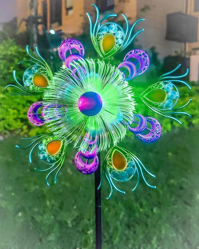 Solar Peacock Wind Spinners for Yard and Garden, 40 Inch Solar Windmill Garden Whirligig Kinetic Spinners Decor for Lawn,Patio&Yard, Metal Whirligigs Green Wind Spinners Outdoor