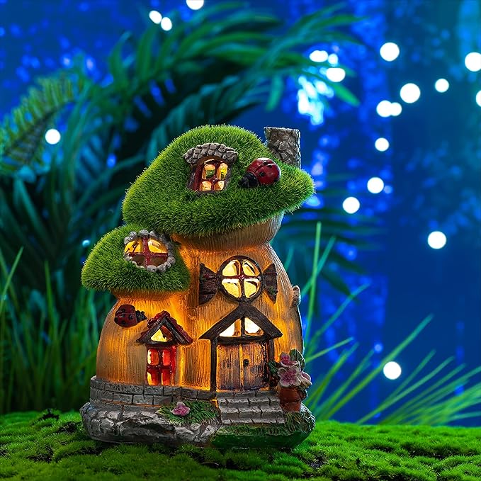 TERESA'S COLLECTIONS Mushroom Garden Statues with Outdoor Solar Light, Green Flocked Christmas Decorations for Home, Resin Fairy House Accessories Outdoor Decor Yard Thanksgiving Gifts for Mom, 7.7“