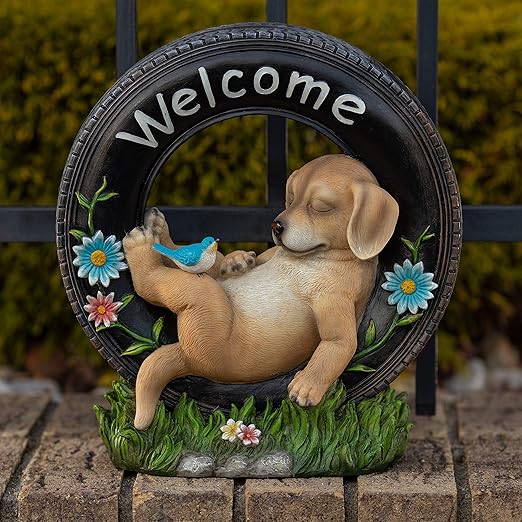 VP Home Chillaxing Welcome Puppy Dog Solar Powered LED Outdoor Decor Garden Light Outdoor Decor Garden Light Welcome Chillax Puppy Statues Outdoor Funny Figurine Decor for Outside Patio, Yard, Lawn