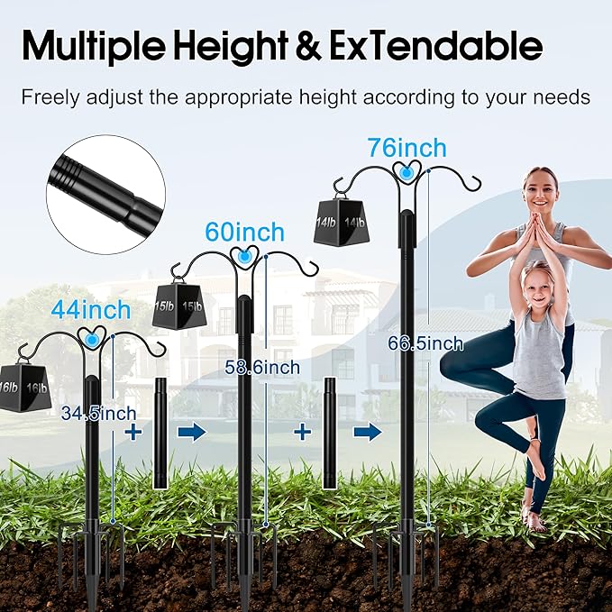 Ottsuls Bird Feeder Pole, 2 Pack 76 INCH Double Shepherds Hooks for Outdoor, with 5 Base Prongs Heavy Duty Tall Garden Planter Hooks for Hanging Flower Basket, Lantern, Hummingbird Feeder