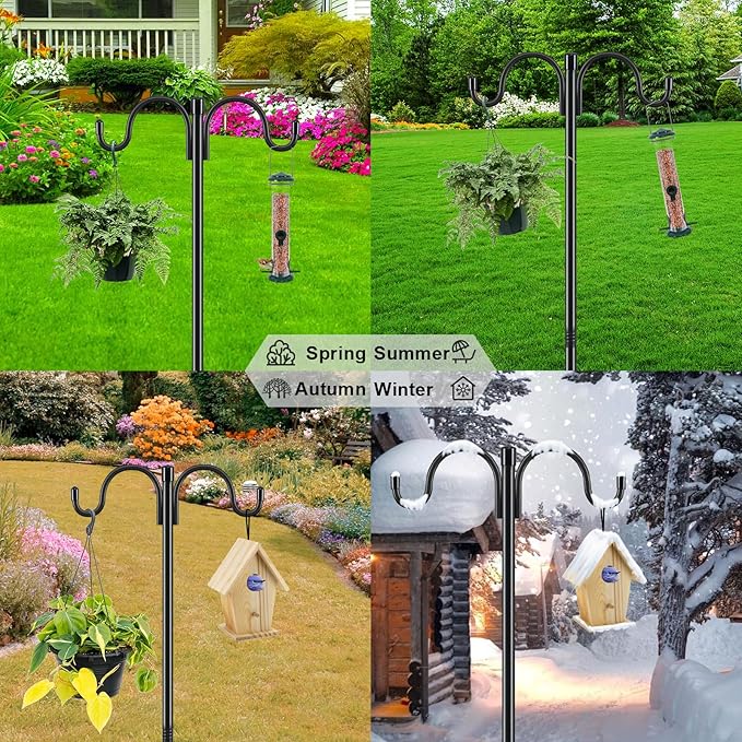 Gtongoko Double Shepherds Hook for Outdoor, 2 Pack 77 Inch Heavy Duty Bird Feeder Pole 3/4 Inch Thick Garden Hooks for Hanging Hummingbird Feeder, Plant Baskets, Solar Light Lanterns