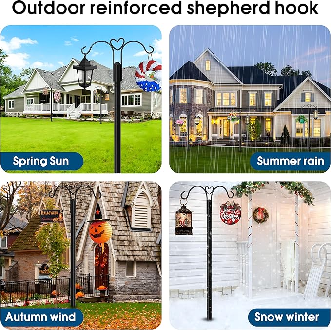 Ottsuls Bird Feeder Pole, 2 Pack 76 INCH Double Shepherds Hooks for Outdoor, with 5 Base Prongs Heavy Duty Tall Garden Planter Hooks for Hanging Flower Basket, Lantern, Hummingbird Feeder