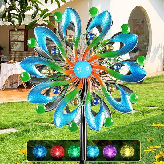 Wind Spinners for Yard and Garden-Wind Sculptures & Spinners 75 in Garden Kinetic Art with Solar Powered Multi-Color Glass Ball Light for Yard Garden Backyard Lawn Decorations