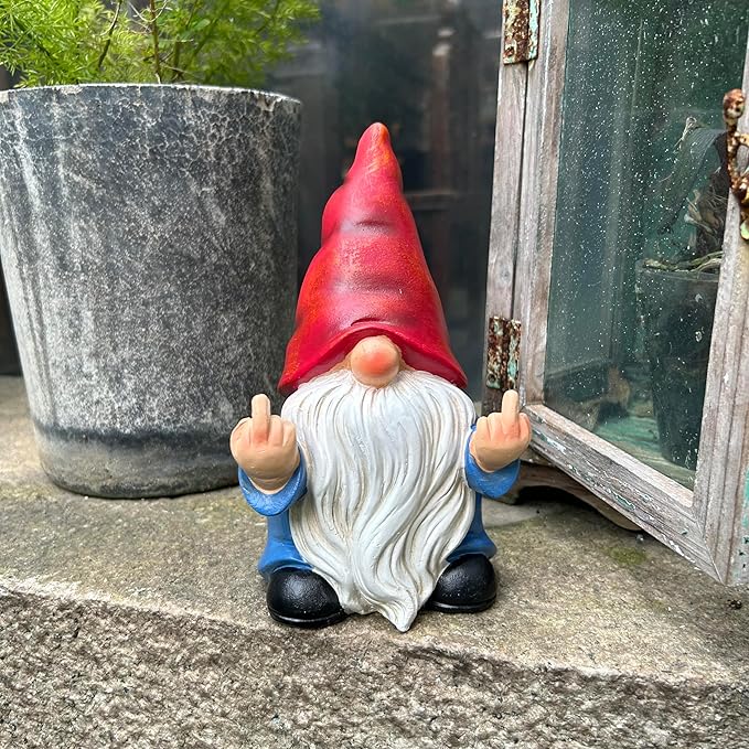 Middle Finger Gnome Statue 7.8in， Naughty Garden Gnome Statue Decoration and Lawn Ornament - Funny Garden Gnomes for Outdoor or Home Decor, Red, WSH004
