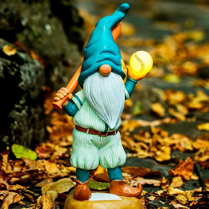 Baseball Garden Gnome with Solar Light Ball, Funny Gnomes 11.8" for Yard Decorations Outdoor, Garden Statues Outdoor Clearance, Solar Garden Statues