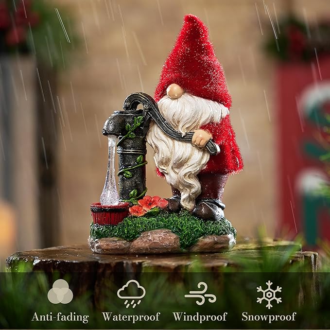TERESA'S COLLECTIONS Resin Garden Gnomes Decor with Solar Lights, Red Outdoor Decorations for Porch Patio, Gifts for Women and Men，Outdoor Garden Decor Ornaments for Outside, 9"