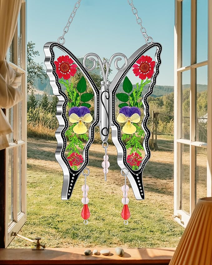 KY&BOSAM Butterfly Suncatcher DIY Gifts for Mom Ornament for Window Pressed Flower Between Wings Glass Metal Engraved No Charm Gifts for Mom Mother's Day Valentine's Birthday Thanksgiving Christmas