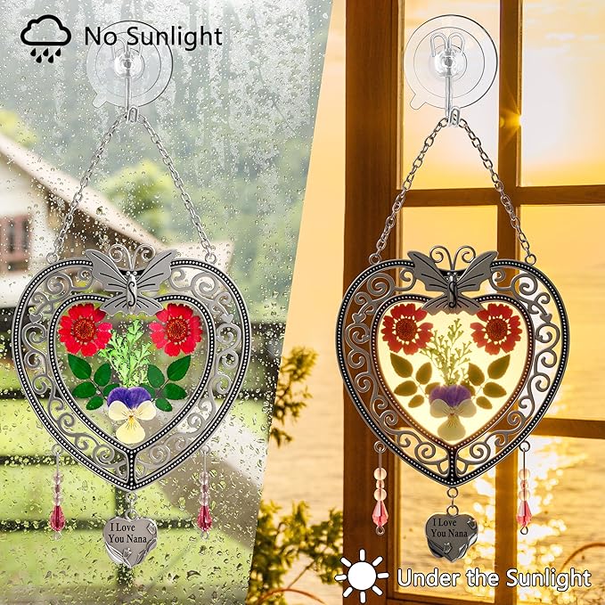 KY&BOSAM Heart Suncatchers I Love You Nana Tree of Life Stained Glass Panels Hangings for Windows Wind Chime Home Garden Outside Decor with Pressed Real Flower Heart in Glass Birthday Gifts for Women