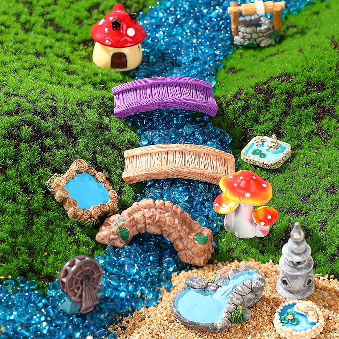 Unittype 19 Pcs Miniatures Fairy Gnome Resin Figures Garden Accessories Mushroom House Figures Fake Pond Lawn Bridge Figurines Terrarium Ornaments Garden Decoration for Outside(Gnome)